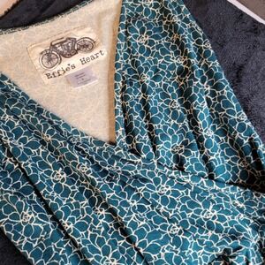 Effies Heart Teal Floral Faux Wrap Dress Size Small Cotton Spandex Pockets Tie